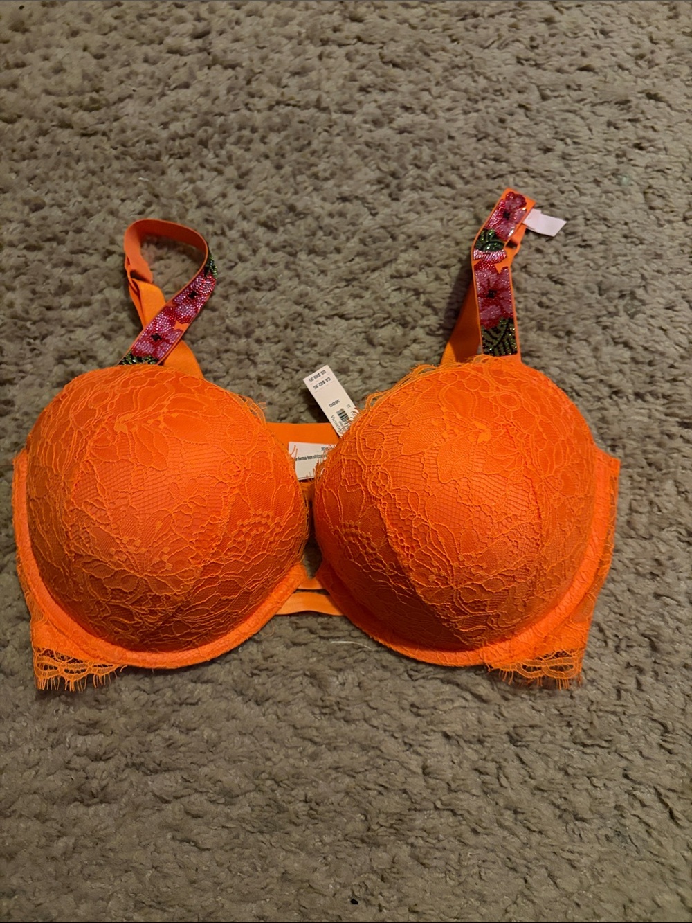 Victoria's Secret Orange Lace Push-Up Bra with Floral Accent Straps
